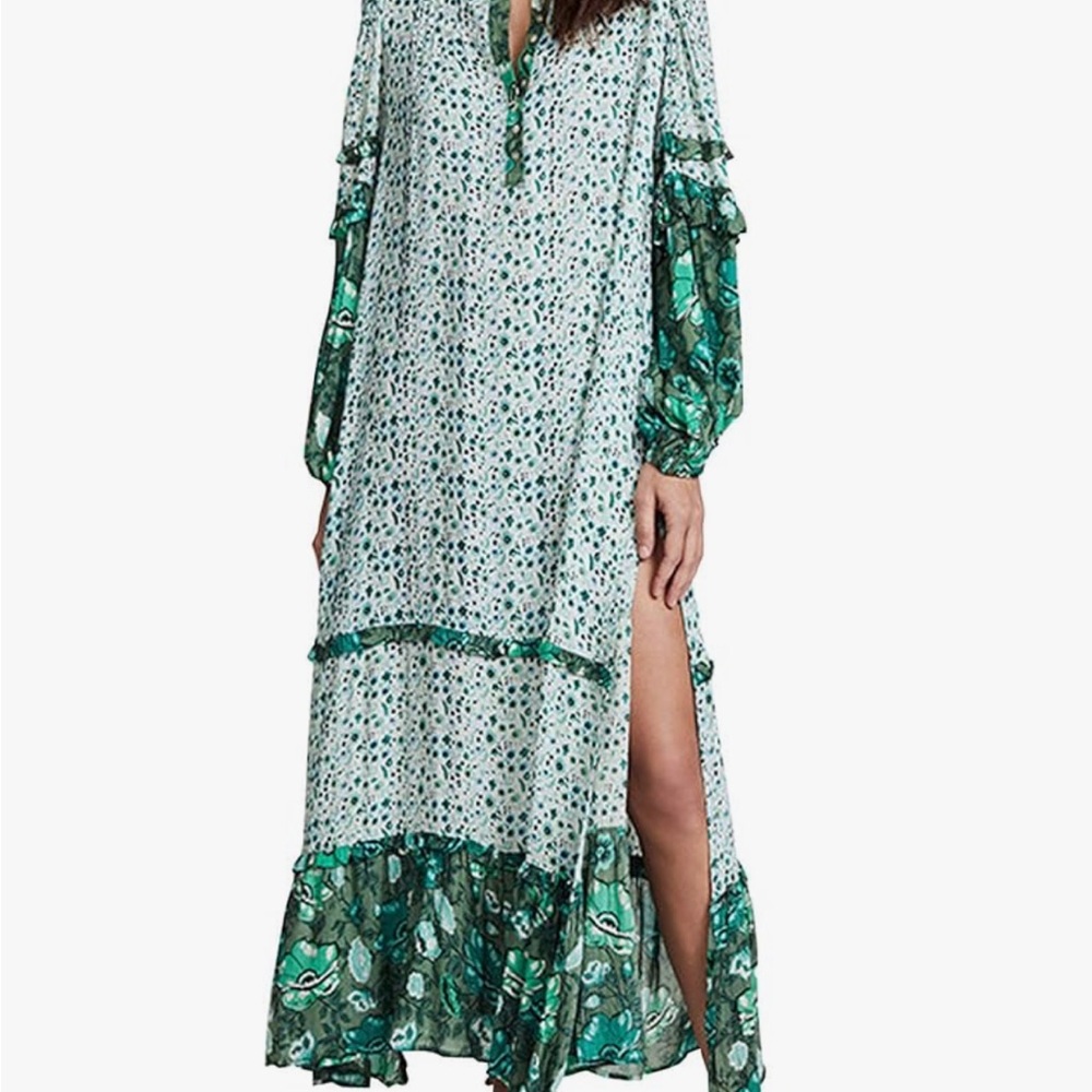Chic Green Patterned Long Sleeve Dress
